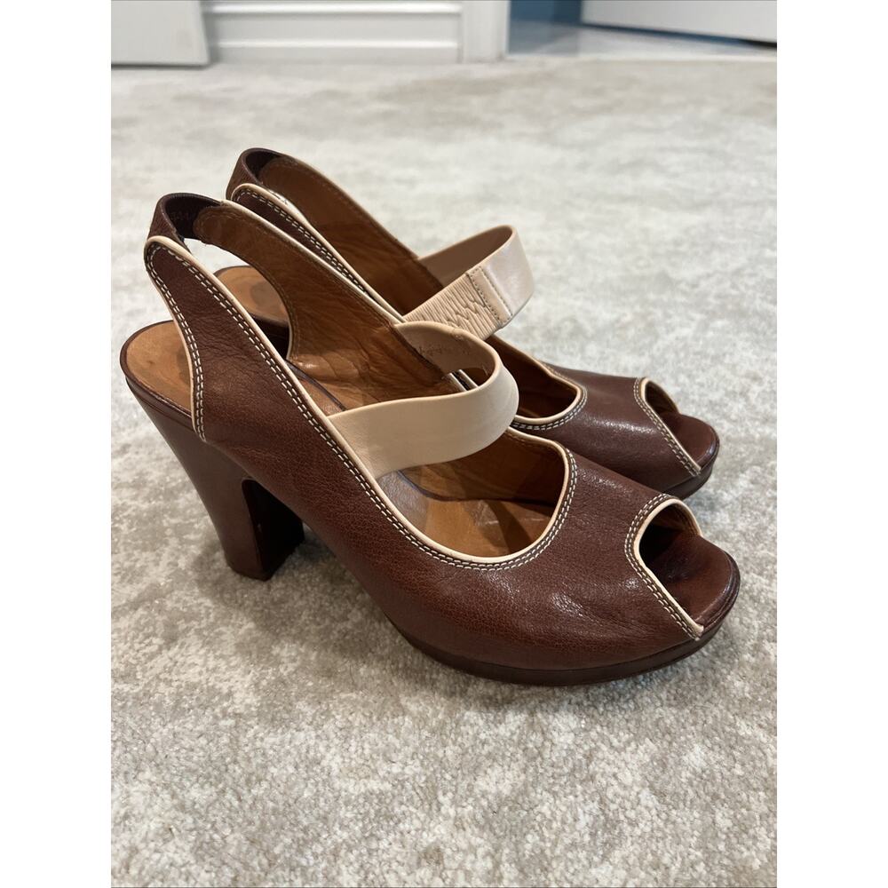 Chie Mihara Women's Brown Leather Peep Toe Slingback Heels - Sz 39.5 US 9.5